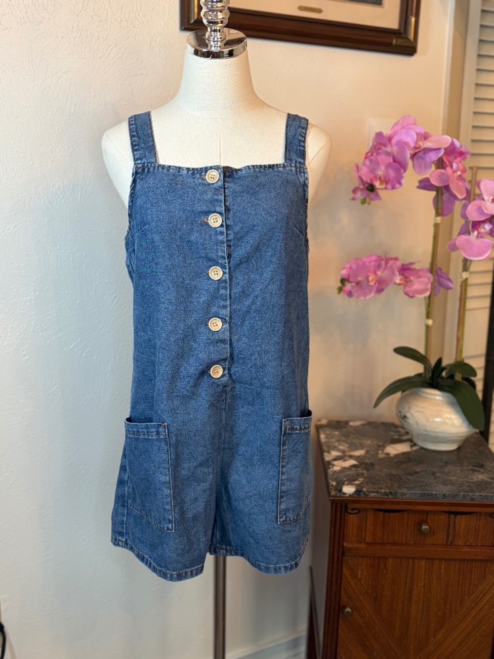 Button Front Denim Romper Size Medium Apron Neck Shortall Patch Pocket Jumper